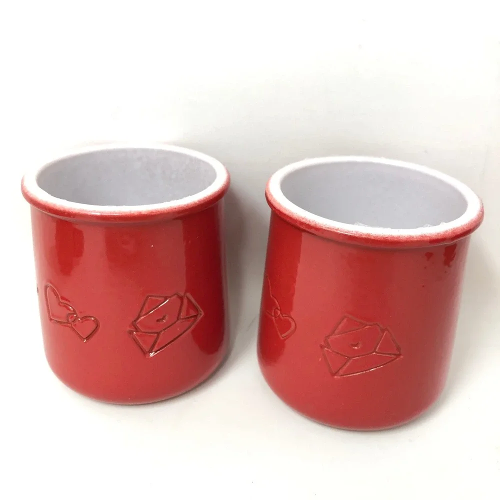 La Fermiere Red Ceramic Yogurt Jars Set of 6 Be Mine Bisou Bisou‎ Valentine